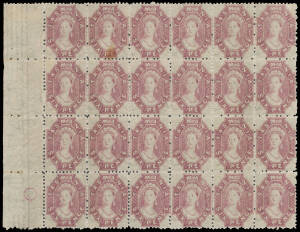 1871-91 Perforated by the Post Office Perf 12 6d dull claret SG 143 marginal blocks of 12 (4x3) & 24 (6x4, the second unit stained at the base) from the left of the sheet, virtually full o.g. with many units being unmounted, Cat £1800++ (mounted). Ex Alfr