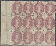1871-91 Perforated by the Post Office Perf 12 6d dull claret SG 143 marginal blocks of 12 (4x3) & 24 (6x4, the second unit stained at the base) from the left of the sheet, virtually full o.g. with many units being unmounted, Cat &pound;1800++ (mounted). Ex Alfr - 2
