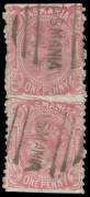 1871-78 Sidefaces Printed in Hobart from De La Rue Plates Perf 11&frac12; 1d rose vertical pair as SG 144 but Imperforate Horizontally, pre-printing paper crease largely between the units. A new discovery: unlisted by Stanley Gibbons. RPSofV Certificate (2016).