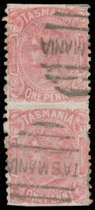 1871-78 Sidefaces Printed in Hobart from De La Rue Plates Perf 11&frac12; 1d rose vertical pair as SG 144 but Imperforate Horizontally, light fold between the units to assist separation. A new discovery: unlisted by Stanley Gibbons. RPSofV Certificate (2016).