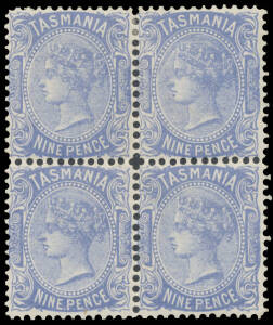 1903 Sidefaces Typo in Melbourne 9d ultramarine BW #T65D (SG 242f) block of 4, the third unit with a tiny surface blemish, large-part o.g. the last unit being unmounted, Cat $4000+ (£1700++). A very rare multiple of this distinctive shade. Ex Sir Henry S