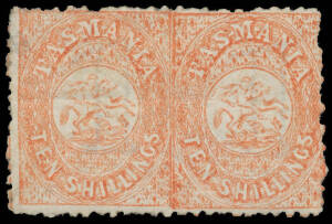 POSTAL FISCALS: 1863-80 St George & the Dragon Perf 11&frac12; 10/- salmon SG F25 horizontal pair, large-part o.g., Cat &pound;1100++. A very rare multiple. RPSofV Certificate (2013).