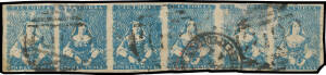 1854-57 Half-Lengths by Campbell & Fergusson 3d blue SG 31b horizontal Inter-Panneau strip of 6 [22-24 & 19-21] with full margins except at lower-right of the last unit, the first & third units are very fine, the other units with faults, light BN cancels 