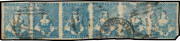 1854-57 Half-Lengths by Campbell & Fergusson 3d blue SG 31b horizontal Inter-Panneau strip of 6 [22-24 & 19-21] with full margins except at lower-right of the last unit, the first & third units are very fine, the other units with faults, light BN cancels 
