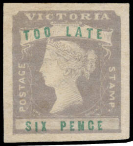 1854-55 Woodblocks 6d 'TOO LATE' SG 33 [9], large even margins, a couple of tiny defects, unused with part-o.g., Cat £2750. Ex Roland Geitenbeek: acquired in October 2014 for $2981. RPSofV Certificate (2016).