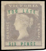 1854-55 Woodblocks 6d 'TOO LATE' SG 33 [9], large even margins, a couple of tiny defects, unused with part-o.g., Cat &pound;2750. Ex Roland Geitenbeek: acquired in October 2014 for $2981. RPSofV Certificate (2016).