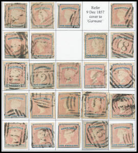 1854-55 Woodblocks 1/- 'REGISTERED' SG 34 Die II exhibit page with large-part reconstruction of 23 of the 25 positions on the plate, mostly with full margins, four are rouletted SG 55 (one on small piece), condition variable but well above-average for pla