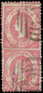 1859 Emblems New Printings Perf 12 4d rose-carmine as SG 85 but a vertical pair Imperforate Between Corrected with a Row of Rouletting, BN Reversed '6' of Port Fairy, sensibly reinforced. A dramatic and unique variety. Unlisted by Gibbons, despite its imp