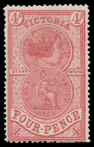 1884 Stamp Statute 4d rose with the Watermark Upright SG 222a, large-part o.g., Cat £1100. A very scarce stamp. RPSofV Certificate (2014). [Acquired at the Prestige auction of 15.8.2014 for $862]