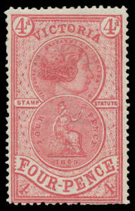 1884 Stamp Statute 4d rose with the Watermark Upright SG 222a, large-part o.g., Cat &pound;1100. A very scarce stamp. RPSofV Certificate (2014). [Acquired at the Prestige auction of 15.8.2014 for $862]