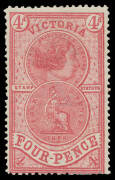 1884 Stamp Statute 4d rose with the Watermark Upright SG 222a, large-part o.g., Cat &pound;1100. A very scarce stamp. RPSofV Certificate (2014). [Acquired at the Prestige auction of 15.8.2014 for $862]