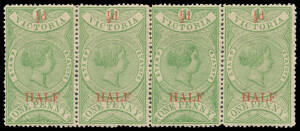 1884 Stamp Statute '½d/HALF' on 1d pale green SG 234 strip of 4 [22-25], the third unit with Retouched Ornament below 'ONE PENNY', the fourth unit unmounted, Cat £440++. [Kellow at page 214 states that only 5960 were issued but that the low face value ena