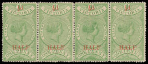 1884 Stamp Statute '&frac12;d/HALF' on 1d pale green SG 234 strip of 4 [22-25], the third unit with Retouched Ornament below 'ONE PENNY', the fourth unit unmounted, Cat &pound;440++. [Kellow at page 214 states that only 5960 were issued but that the low face value ena