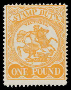 1884-96 Large Stamp Duty Wmk '19' £1 orange/yellow Perf 12½ SG 262a, large-part o.g., Cat £1200. RPSofV Certificate (2014).