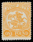 1884-96 Large Stamp Duty Wmk '19' &pound;1 orange/yellow Perf 12&frac12; SG 262a, large-part o.g., Cat &pound;1200. RPSofV Certificate (2014).