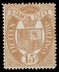 1884-96 Large Stamp Duty Wmk '33' Perf 12½ 15/- brown SG 273a, a couple of tiny blemishes, large-part o.g., Cat £1500. RPSofV Certificate (2016).