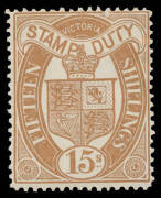 1884-96 Large Stamp Duty Wmk '33' Perf 12&frac12; 15/- brown SG 273a, a couple of tiny blemishes, large-part o.g., Cat &pound;1500. RPSofV Certificate (2016).