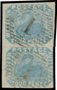 FOUR PENCE - IMPERFORATE: 4d pale blue SG 3 vertical pair, margins good to large except to the right of the lower unit where just shaved, 15-bars '1' cancels of Perth, Cat &pound;400+. Used multiples of any 4d printing are scarce to rare; vertical pairs are sca