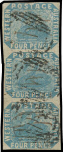 FOUR PENCE - IMPERFORATE: 4d pale blue SG 3 vertical strip of 3, margins just clear to good except to the right of the central unit where just shaved, manuscript "IIII" cancels overstruck with void grid in black, Cat £600+. A rare multiple; postal manuscr