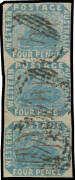 FOUR PENCE - IMPERFORATE: 4d pale blue SG 3 vertical strip of 3, margins just clear to good except to the right of the central unit where just shaved, manuscript "IIII" cancels overstruck with void grid in black, Cat &pound;600+. A rare multiple; postal manuscr