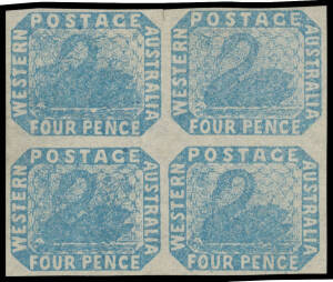 FOUR PENCE - IMPERFORATE: 4d blue SG 3a block of 4, good even margins, small scissor-cut between the upper units, the left-hand pair with a very minor ironed-out bend mentioned only for total accuracy, Cat &pound;1800++. Ex Lord Vestey: acquired for &pound;900. Ther