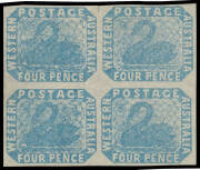 FOUR PENCE - IMPERFORATE: 4d blue SG 3a block of 4, good even margins, small scissor-cut between the upper units, the left-hand pair with a very minor ironed-out bend mentioned only for total accuracy, Cat &pound;1800++. Ex Lord Vestey: acquired for &pound;900. Ther