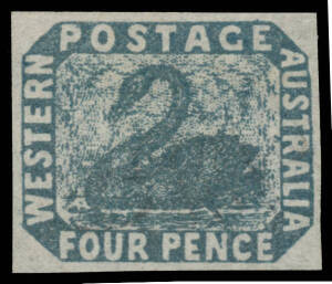 FOUR PENCE - IMPERFORATE: 4d slate-blue SG 3c [R2/16, 'AU' of 'AUSTRALIA' Distorted], good even margins, manuscript initials in ink on the reverse, unused, Cat &pound;4000. Ex "Austin" (John du Pont) and Lord Vestey: acquired for &pound;1440. [This is a Creased Trans