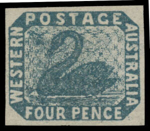 FOUR PENCE - IMPERFORATE: 4d slate-blue SG 3c with Dark Moon By Swan's Head, margins good to large, unused, Cat &pound;4000. Superb! Ex Lord Vestey: acquired for &pound;1920. BPA Certificate (2007).