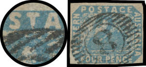FOUR PENCE - IMPERFORATE: CATALOGUED TRANSFER VARIETIES: 4d blue with 'T' of 'POSTAGE' Shaved to a Point at Foot SG 3d, margins just clear to good, 15-bars '8' of Fremantle, Cat &pound;1000. RPSofV Certificate (2016). [This variety occurs once in each pane of 6