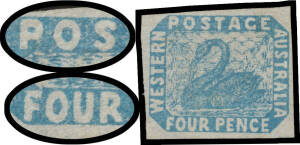 FOUR PENCE - IMPERFORATE: 4d blue with Tilted Border SG 3i, margins close to good, unused, Cat &pound;3000. RPSofV Certificate (2016) mentions "black marks on reverse" that are an utter triviality. [This variety occurs four times in the sheet of 240] The Tilt