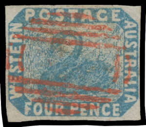 FOUR PENCE - IMPERFORATE: 4d blue with Tilted Border SG 3ai, margins good to large, very fine void grid cancellation in red, Cat &pound;1500 plus a significant premium for the red postmark. Ex John Gartner and Lord Vestey. RPSofV Certificate (2016). [The variet