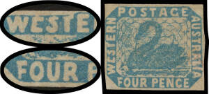 FOUR PENCE - IMPERFORATE: 4d blue with 'WEST' in Squeezed-Down Letters & Small Foot on 'F' of 'FOUR' SG 3j [R2/17], margins close to good, ironed-out horizontal crease at the top & a little stained, unused, Cat &pound;3250. RPSofV Certificate (2016).