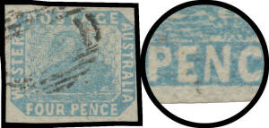 FOUR PENCE - IMPERFORATE: 4d pale blue with 'N' of 'PENCE' Tilted to Right & Thin First Downstroke SG 3n [R6/16], margins just touching - at upper-right - to large, neat void grid cancel well clear of the variety, Cat &pound;1300. Ex Lord Vestey: acquired for &pound;