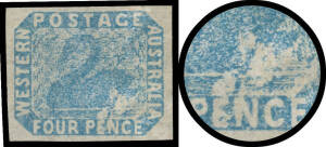 FOUR PENCE - IMPERFORATE: 4d blue with "Splashing Swan" (Water above 'ENC' of 'PENCE' Damaged) SG 3o [R6/20], good even margins, unused, Cat &pound;3500. Ex Lord Vestey: acquired for &pound;1020. BPA Certificate (2007) notes (professionally) repaired with "filled thi