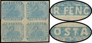 FOUR PENCE - IMPERFORATE: 4d blue block of 4 [194-195/214-215] with 'PE' of 'PENCE' Closer Together SG 3t [R10/15] & '7' for 'T' in 'POSTAGE' SG 3v [R11/15], good even margins, horizontal fold just clear of the upper units & small scissor-cut between the 