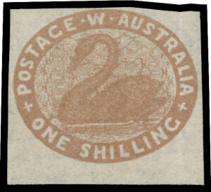 ONE SHILLING - IMPERFORATE: 1/- deep red-brown SG 4a marginal example from the base of the sheet, margins just clear to huge, ironed-out vertical crease at right, unused, Cat &pound;2000.