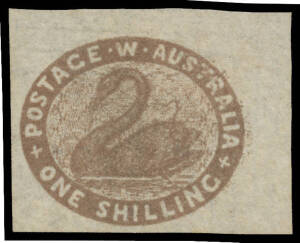 ONE SHILLING - IMPERFORATE: 1/- deep grey-brown SG 4b (variant) huge single from the upper-right corner of the sheet with Marginal Watermark Lines at top & right, unused, Cat &pound;650+. Superb!