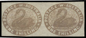 ONE SHILLING - IMPERFORATE: 1/- deep grey-brown SG 4b (variant) horizontal pair, the second unit with Large White Flaw on 'N' of 'SHILLING', the first unit with a tiny natural aeration hole, unused, Cat &pound;1300+. [At least the equal of Lord Vestey's two pai