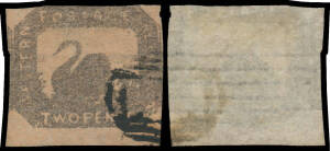 1857-59 Hillman Lithographs Imperf 2d brown-black/pale red Printed on Both Sides SG 15a with the image on the reverse upright, from the base of the sheet with a huge margin & marginal watermark lines at the base, large margin at left with a chunk of the a