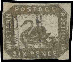 1857-59 Hillman Lithographs 6d golden bronze SG 17, margins just clear - at lower-right - to good, light void grid cancel largely clear of the Swan, Cat &pound;2250. A handsome example of this famous issue. RPSofV Certificate (2003).