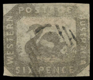 1857-59 Hillman Lithographs 6d black-bronze SG 18 with Saddle on Swan, close even margins, a little wrinkled, void grid cancel Cat &pound;650+. RPSofV Certificate (2005) states "with a transient flaw on the Swan". However, we suggest that this is an example of 