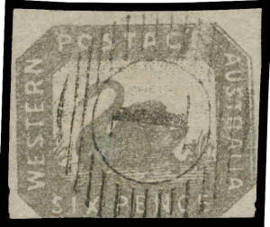 1857-59 Hillman Lithographs 6d black-bronze SG 18, margins just touching - at the base - to huge, light 15-bar '1' cancel of Perth, Cat &pound;650.