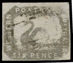 1857-59 Hillman Lithographs 6d black-bronze SG 18 [92, "Black & White Swan"] with metallic lustre, margins just clear to large, light void grid cancel, Cat &pound;650+. Ex "Lionheart" (2015). BPA Certificate (2003) mentions a "horizontal crease" that is complet