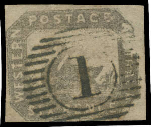 1857-59 Hillman Lithographs 6d black-bronze SG 18 [131, Flat-Backed Swan] with metallic lustre, margins just clear to large, 15-bars '1' cancel of Perth, Cat &pound;650+.
