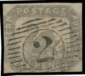 1857-59 Hillman Lithographs 6d grey-black SG 19, margins close to good, superb 15-bar '2' cancel of Perth, Cat &pound;550. RPSofL Certificate (1947) as the then SG 17a.