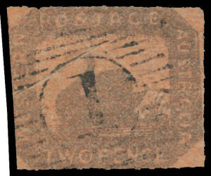 1857-59 Hillman Lithographs Rouletted 2d brown-black/red SG 20 with Pre-Printing Paper Fold, rouletting except at left where the design is just shaved, very fine 15-bars '1' cancel of Perth, Cat &pound;1800.
