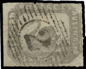 1857-59 Hillman Lithographs Rouletted 6d grey-black SG 23, rouletted on all sides with margins close to large except at top where just touched, superb 15-bars '2' cancel of Perth, Cat &pound;1200. Superb! RPSofL Certificate (2013).