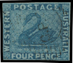 1860-64 Recess in the Colony from Perkins Bacon Plates Imperf 4d blue/blue SG 26, margins close to good, significant thinning that doesn't detract from the very fine facial appearance, light GPO duplex cancel, Cat &pound;2250. Rare postally used example: acquir