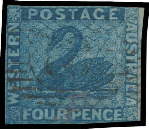 1860-64 Recess in the Colony from Perkins Bacon Plates Imperf 4d deep blue/blue SG 27, margins just touching to large, minor thins, light 15-bars '18' cancel of Bunbury, Cat &pound;2250. BPA Certificate (2004).
