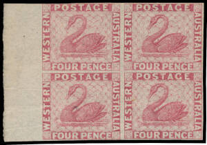 1861 Recess by Perkins Bacon 4d imperforate plate proof marginal block of 4 in dull claret on ungummed unwatermarked paper, margins close to huge. [Dr Cecil Walkley's similar but non-marginal block of 4 sold for $1840]
